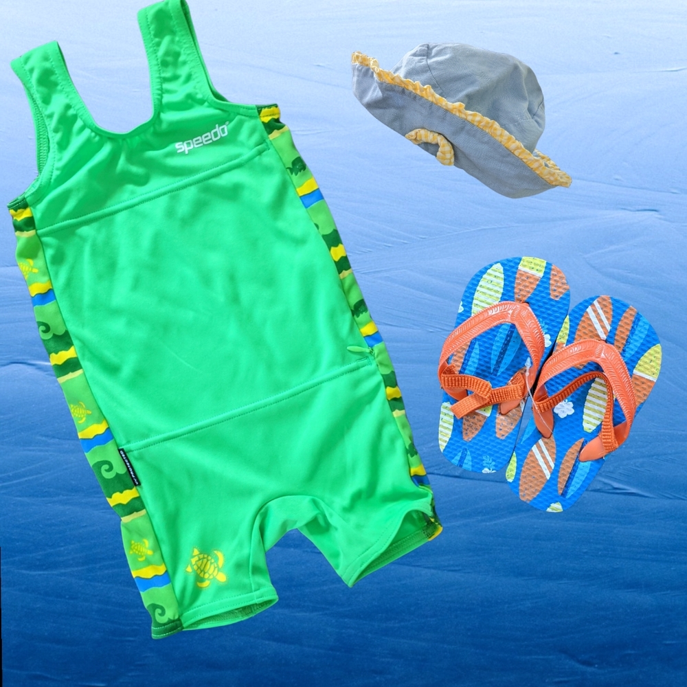 Baby Speedo Green one Piece Swim Suit and Sandal Bundle Size 1 Year
